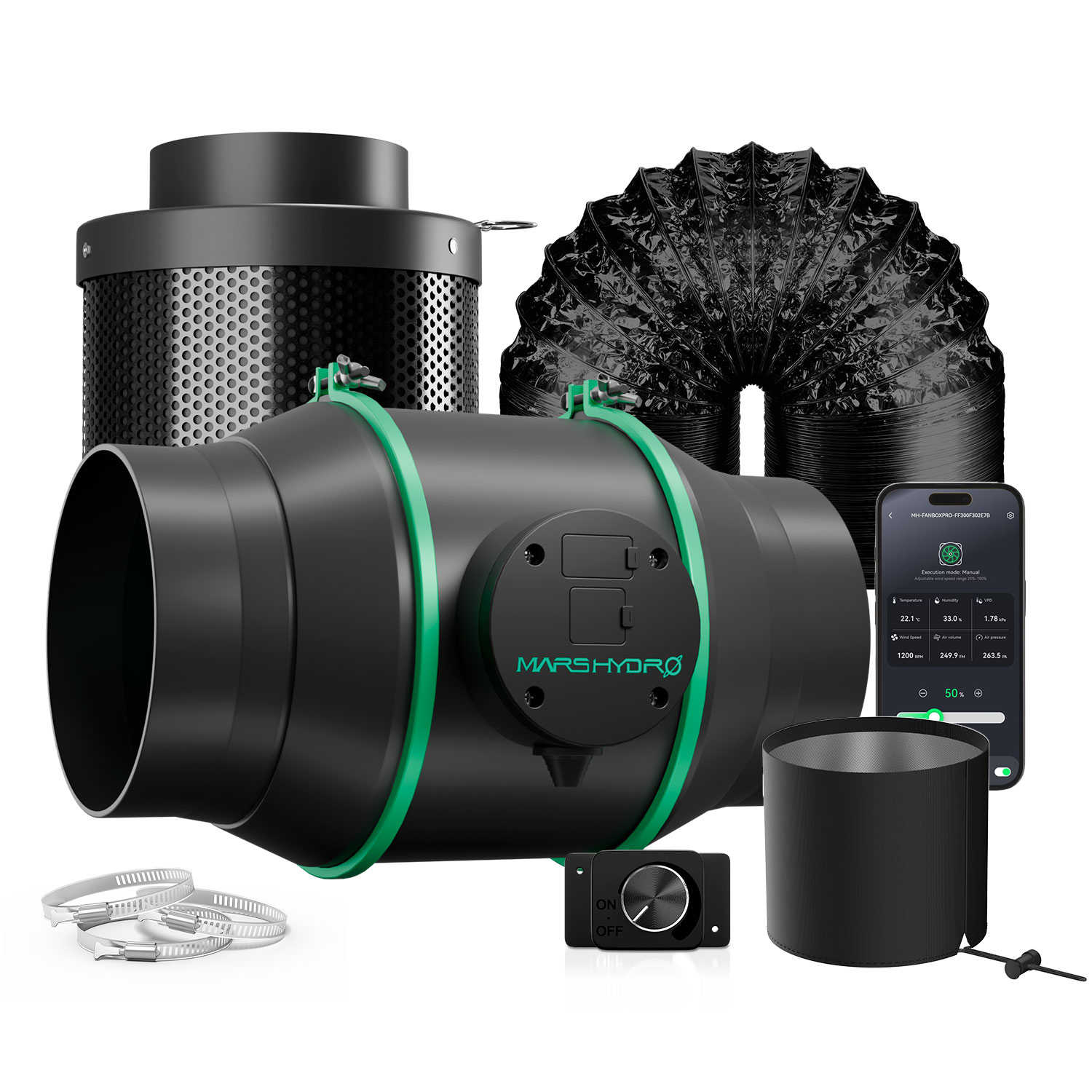 2025 Mars Hydro iFresh 6″ (150 mm) Inline-Kanalventilator und nachfüllbarer Aktivkohlefilter im Kombi-Set