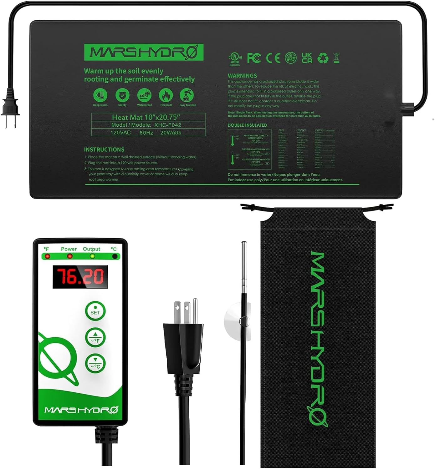 Mars Hydro 25X52cm Pflanzen-Heizmatte mit integriertem Digitalthermostat