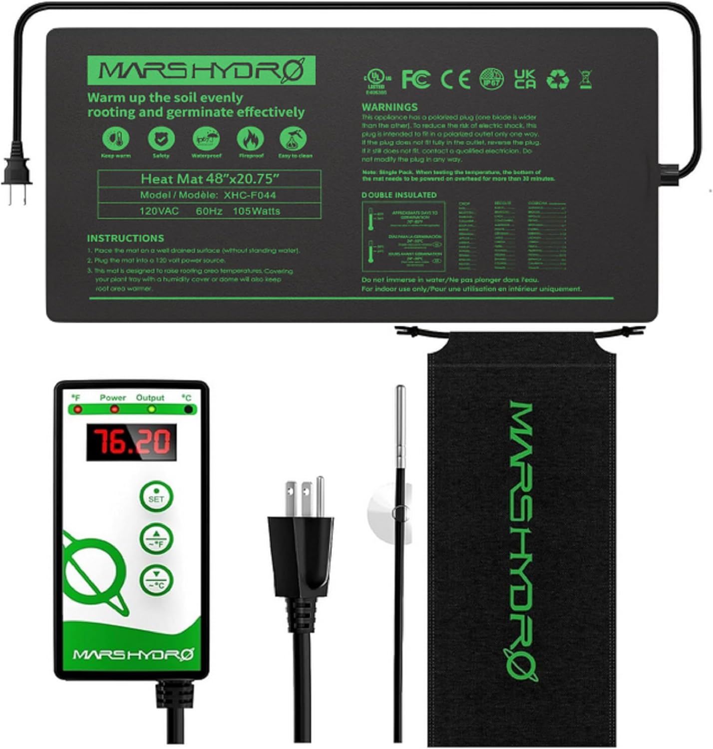 Mars Hydro 122X52cm Pflanzen-Heizmatte mit integriertem Digitalthermostat