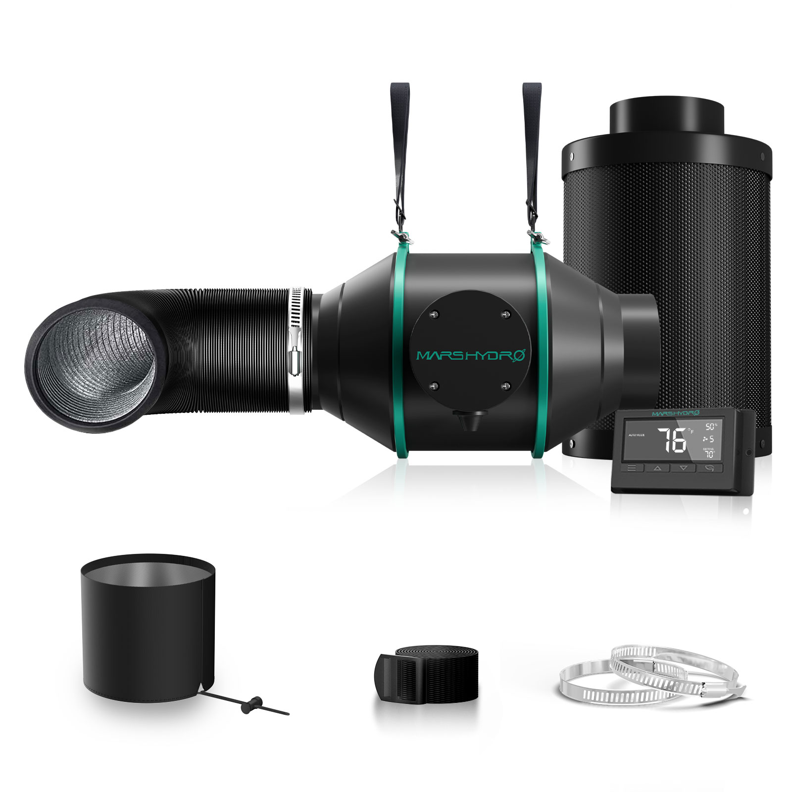 Mars Hydro 4″ (100mm) Inline-Kanalventilator und nachfüllbarer Kohlefilter-Kombination mit Thermostatregler