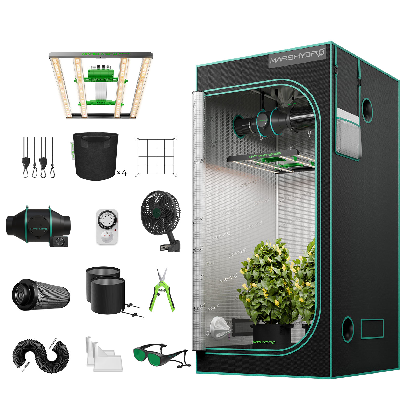 Mars Hydro FC-E3000 Growbox Komplettset Pflanzenlampe+100x100x180cm Grow Zelt+4″ Belüftungssystem