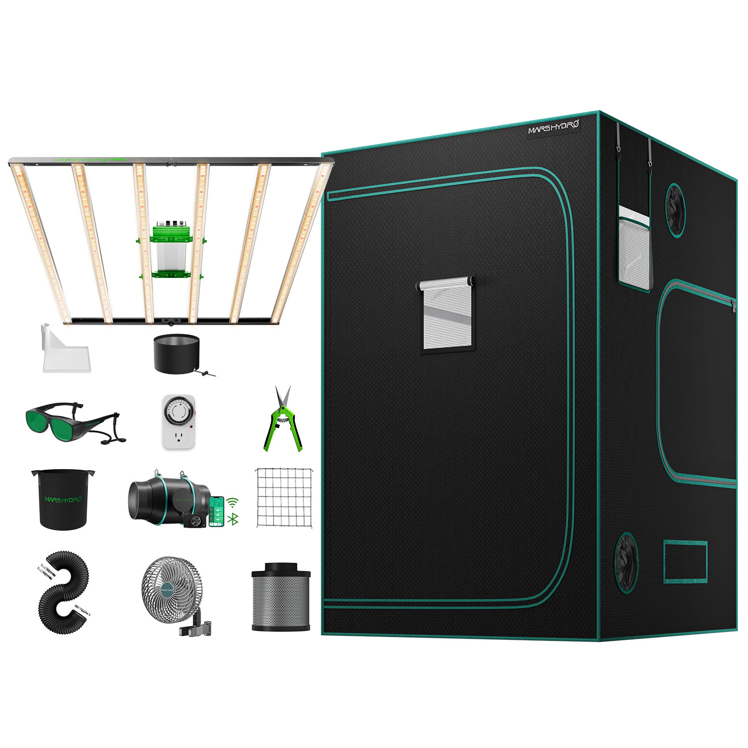 Mars Hydro FC-E6500 mit 150x150x200cm Grow-Zelt & 6“ iFresh Fan Kits