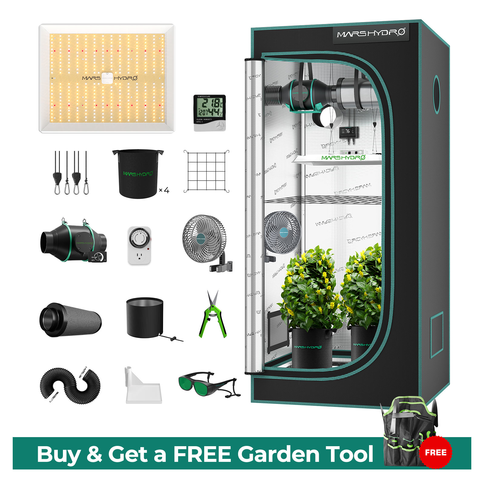 Mars Hydro TS 1000 Complete Grow Tent Kits | Dimmable 150W LED Grow Light | 80x80x160cm Indoor Tent | 4″ Ventilation System | 6“ Clip-on fan