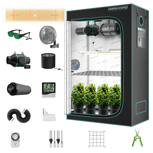 Mars Hydro TSL2000 Complete Grow Tent Kit | 300W LED Grow Light + 120x60x180cm Indoor Grow Tent + 4″ Ventilation System | 6“ Clip-on fan
