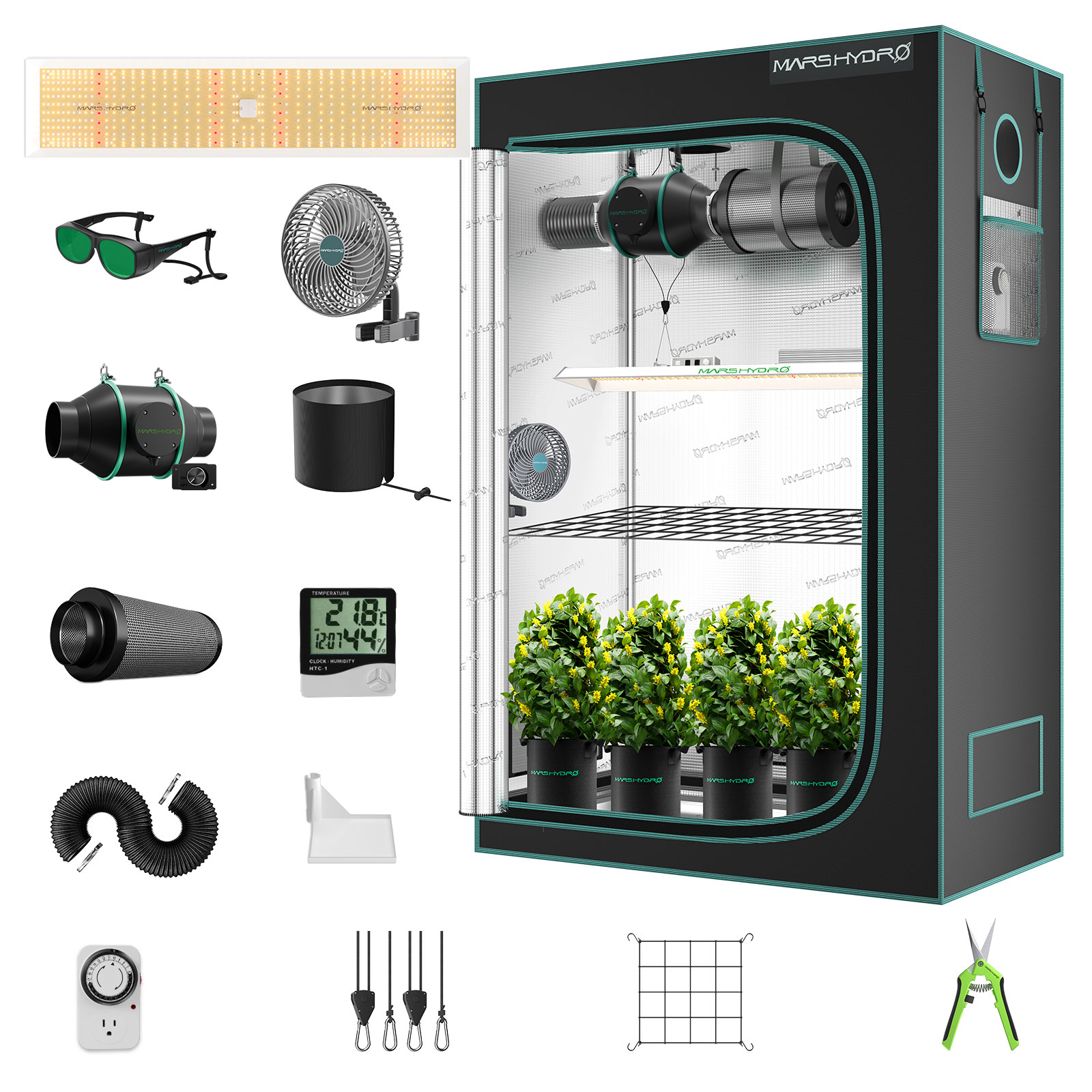 Mars Hydro TSL2000 Complete Grow Tent Kit | 300W LED Grow Light + 120x60x180cm Indoor Grow Tent + 4″ Ventilation System | 6“ Clip-on fan