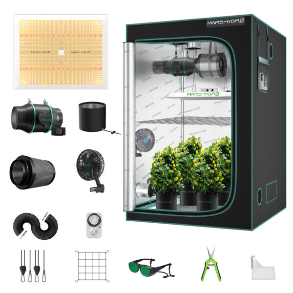 Mars Hydro TSW2000 Complete Grow Tent Kit | 300W LED Grow Light | 120x120x200cm Indoor Grow Tent | 6″ Ventilation System | 6“ Clip-on fan
