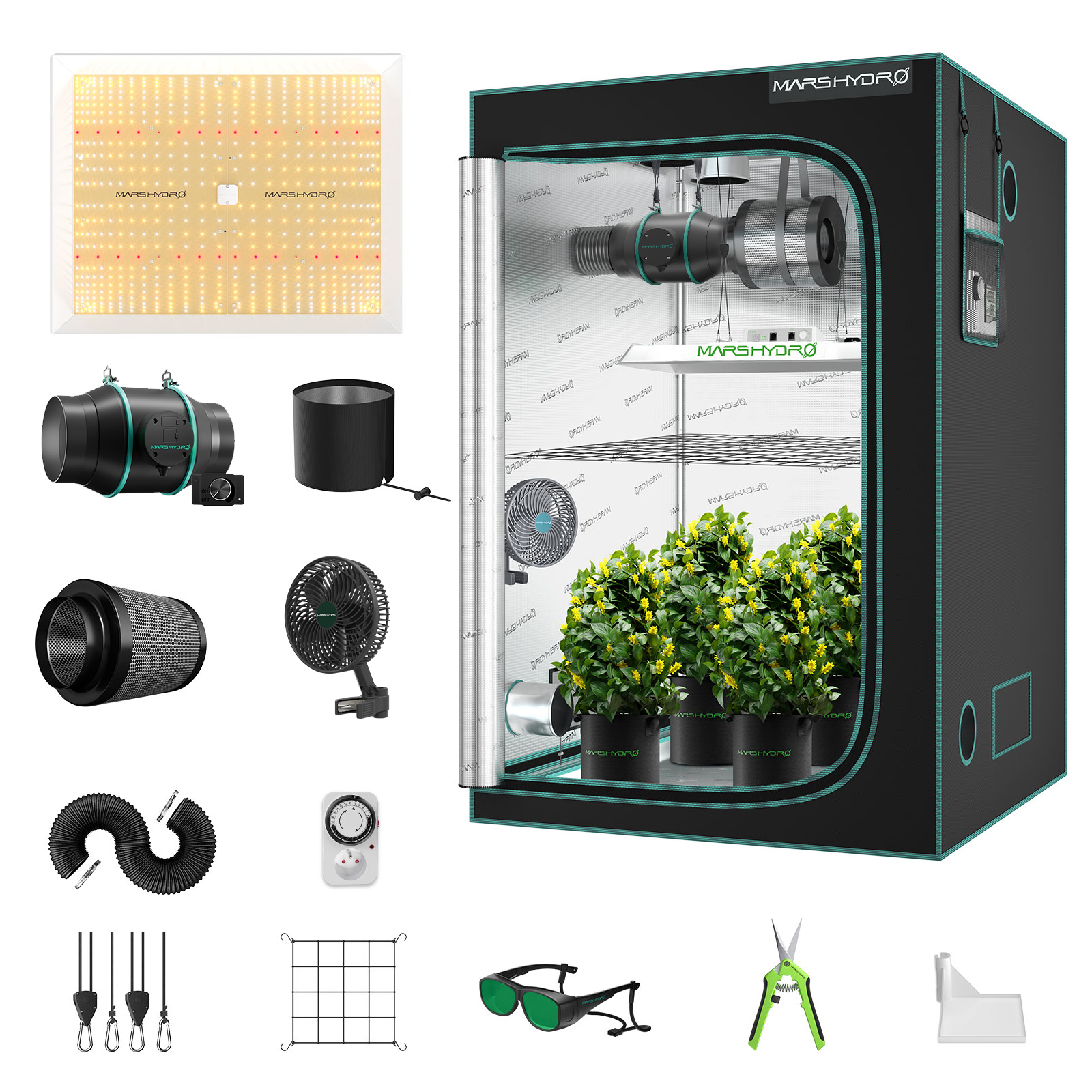 Mars Hydro TSW2000 Complete Grow Tent Kit | 300W LED Grow Light | 120x120x200cm Indoor Grow Tent | 6″ Ventilation System | 6“ Clip-on fan